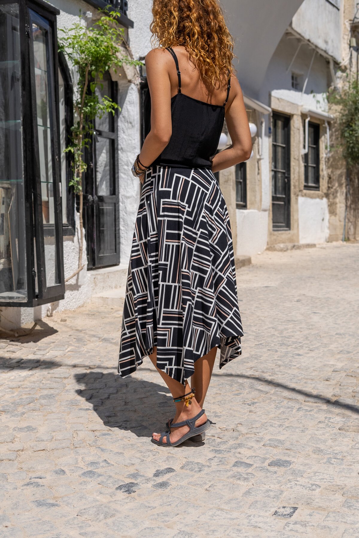 Midi Bohemian Asymmetric Cut Skirt - Black White Pink - Pasaklı Giyim