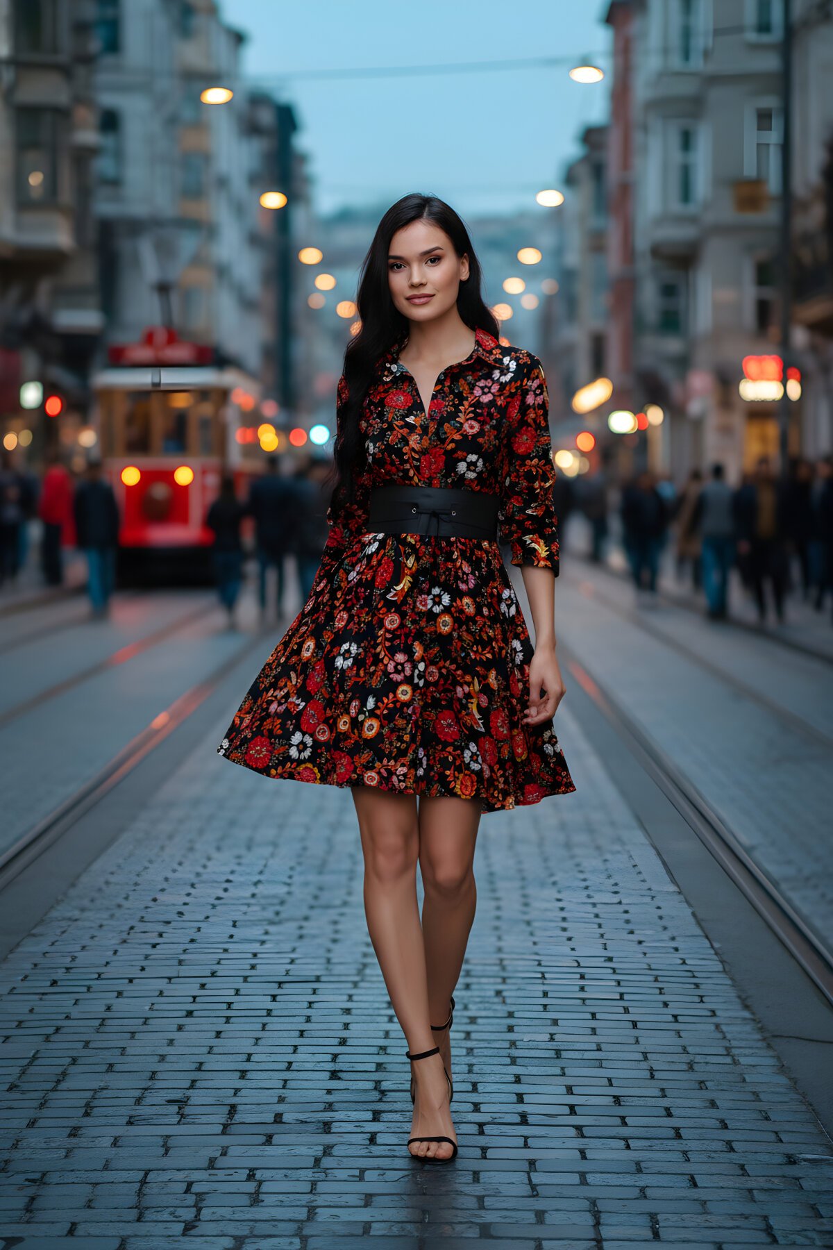 Siyah Çiçek Desenli Mini Kloş Deri Kemerli Elbise - Pasaklı Giyim