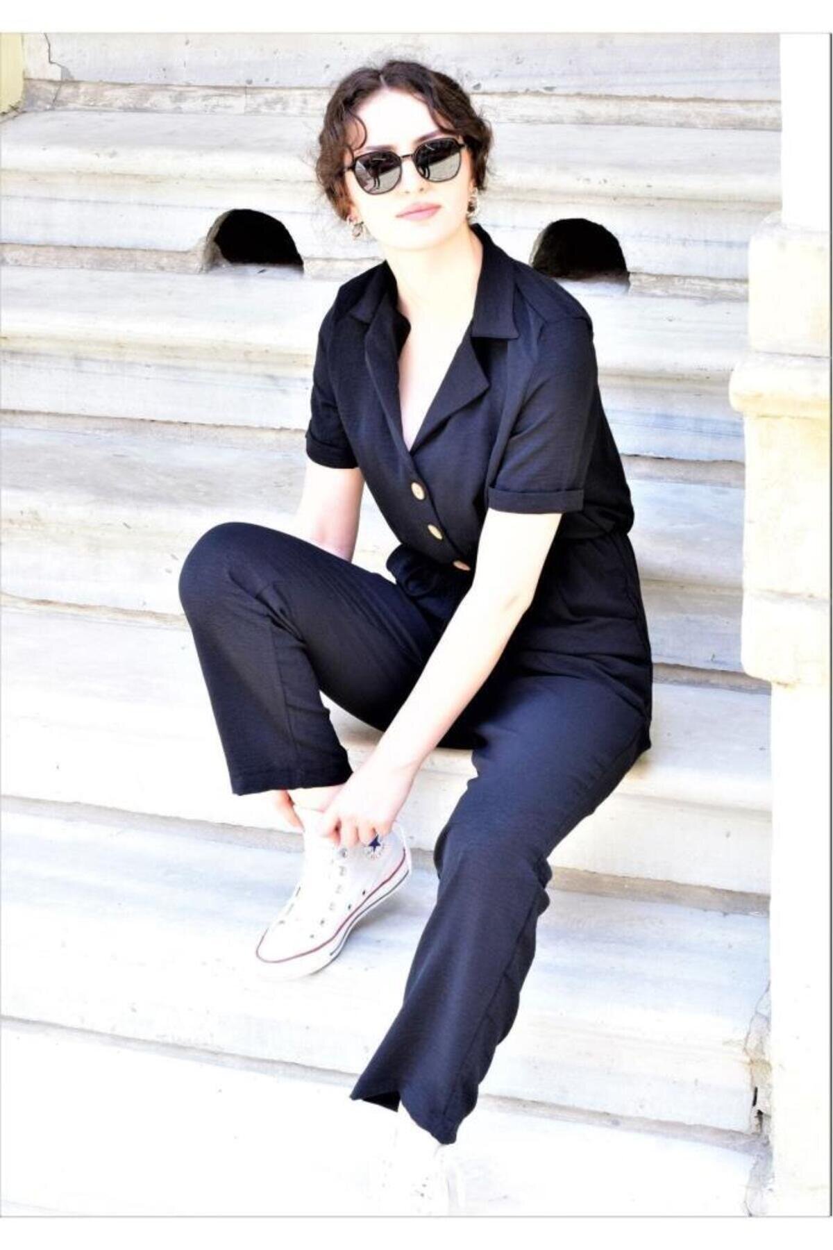 Relaxed Plain Belted Pocketed Jumpsuit - Black - Pasaklı Giyim