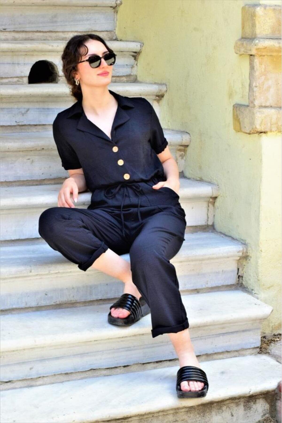 Relaxed Plain Belted Pocketed Jumpsuit - Black - Pasaklı Giyim