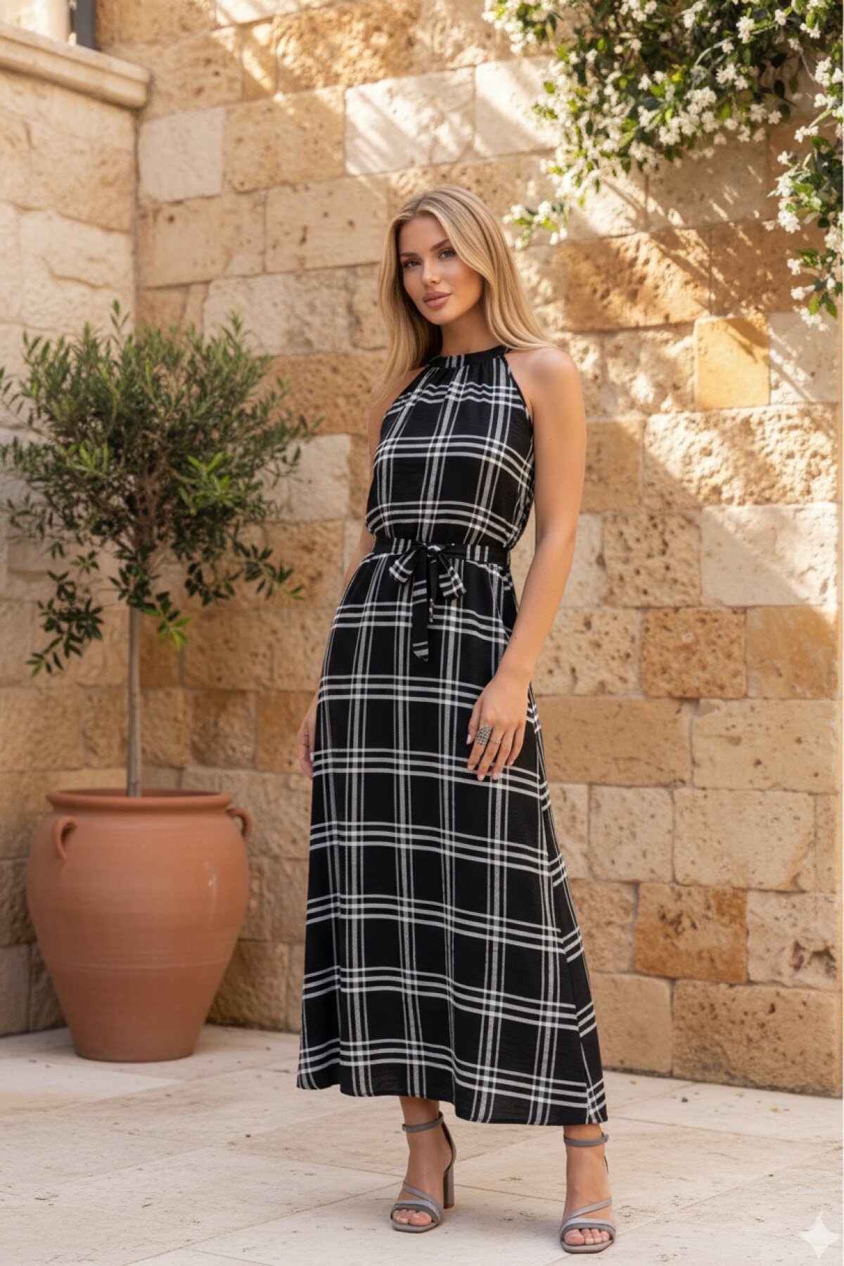 Long Loose Plaid Halter Neck Dress - Black - Pasaklı Giyim