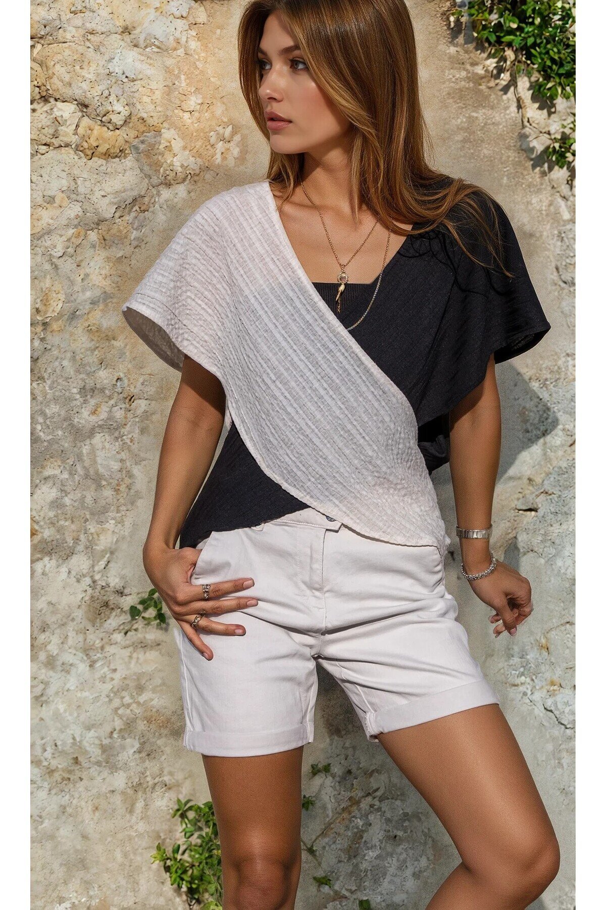 Drop-Shoulder Loose Maya Crepe Wrap V-neck Blouse - Black - Pasaklı Giyim