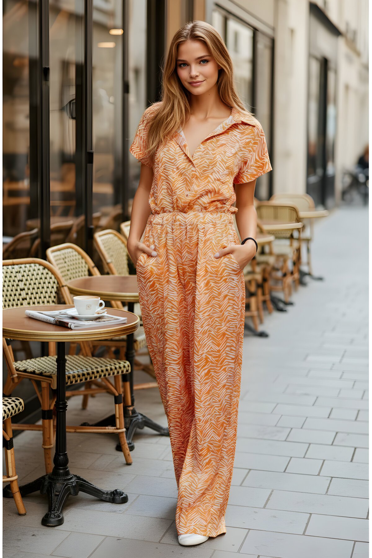 جمبسوت قصير الأكمام بأرجل واسعة برتقالي ساتان بياقة قميص - Pasaklı Giyim