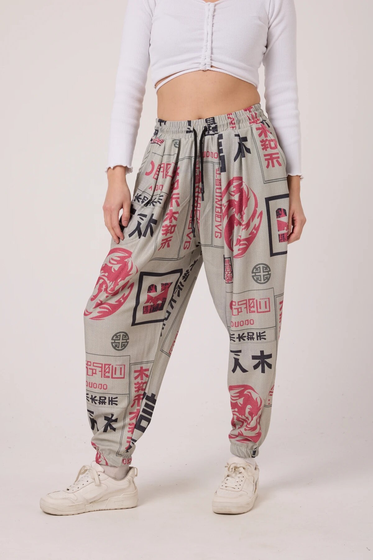 Sporty Baggy Printed Crinkle Pants - Beige - Superbluemexico