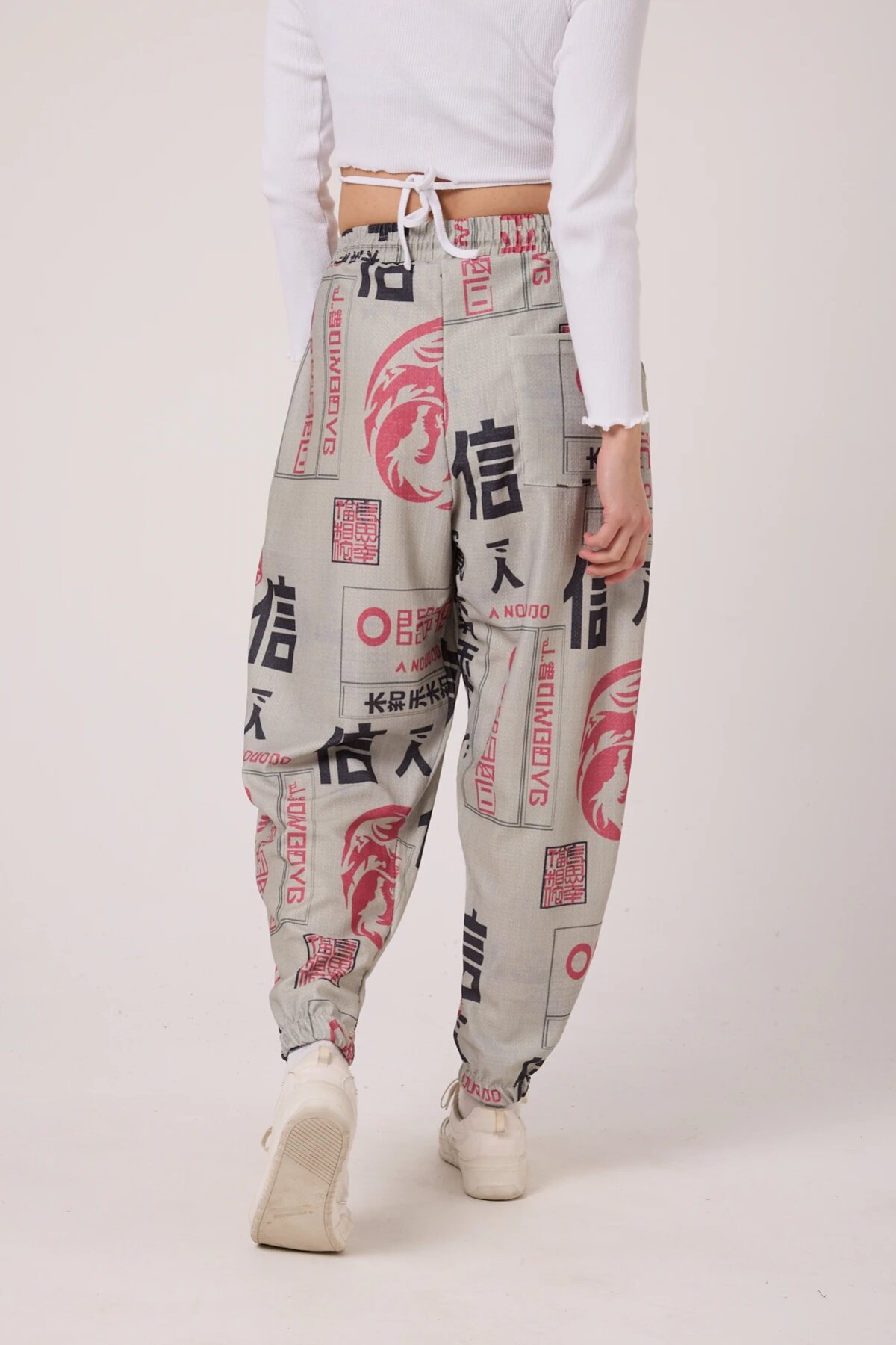 Sporty Baggy Printed Crinkle Pants - Beige - Superbluemexico