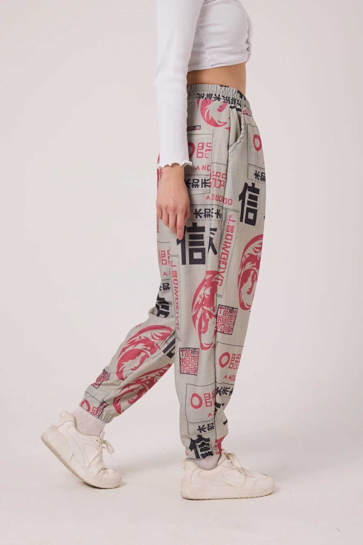 Sporty Baggy Printed Crinkle Pants - Beige - Superbluemexico
