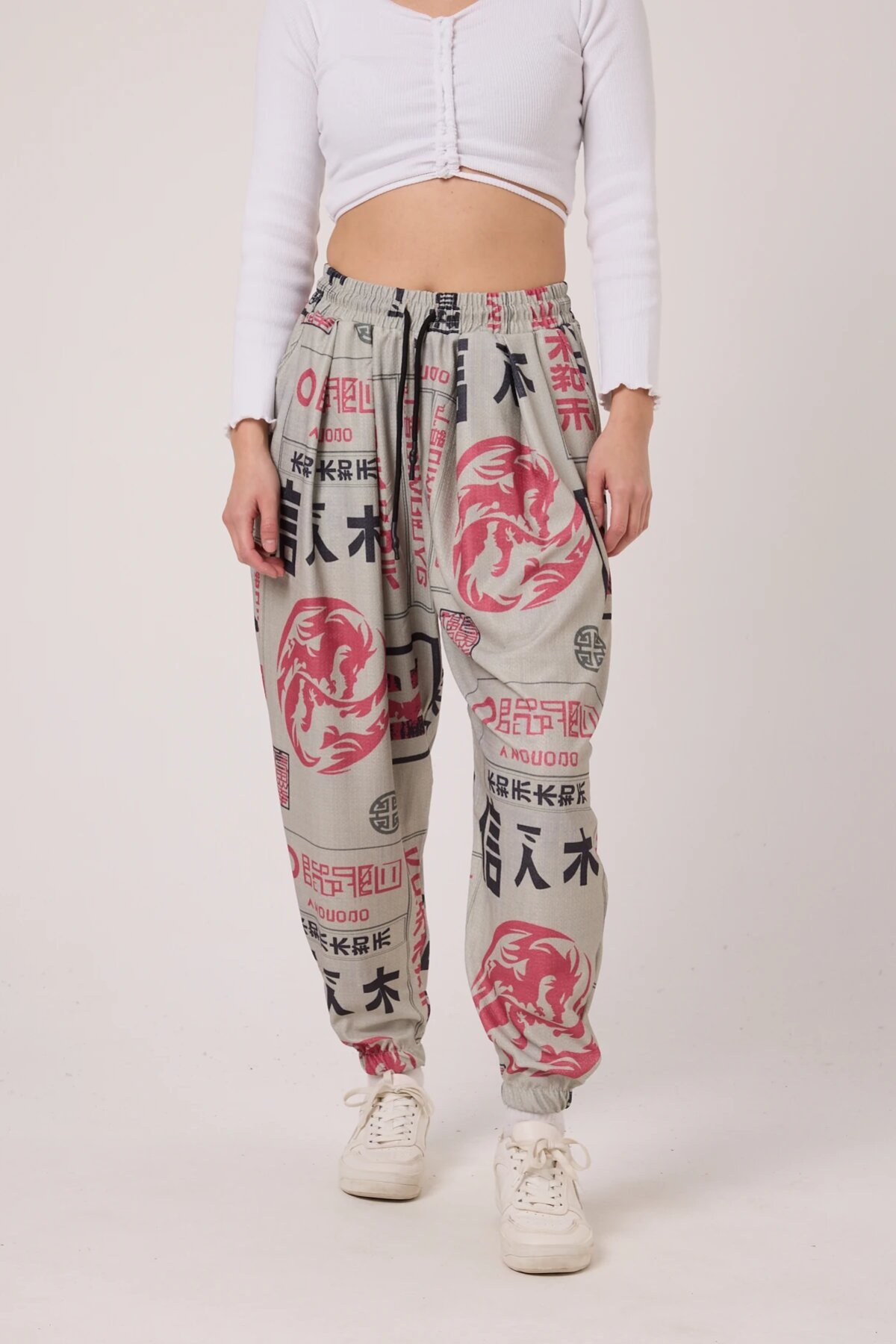 Sporty Baggy Printed Crinkle Pants - Beige - Superbluemexico