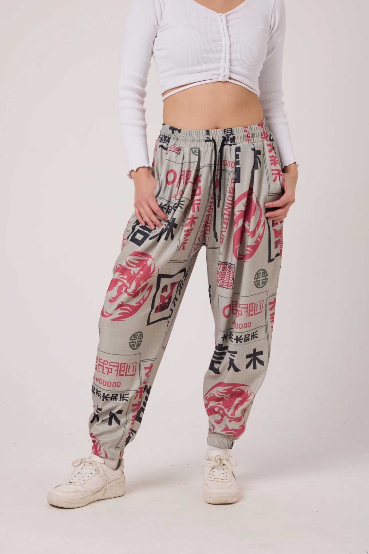 Sporty Baggy Printed Crinkle Pants - Beige - Superbluemexico