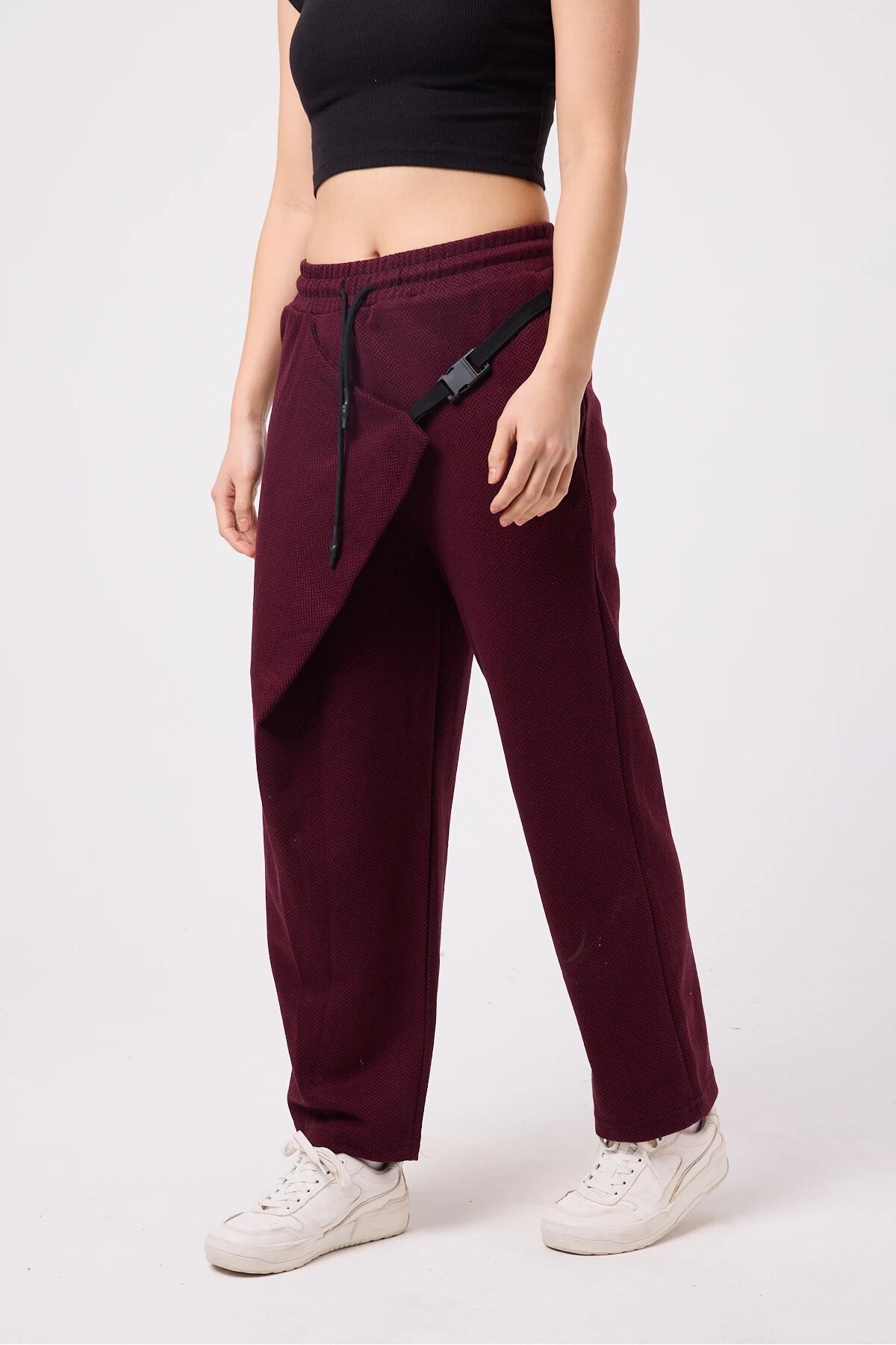 Baggy Street Style Belted Pants - Burgundy - Superbluemexico