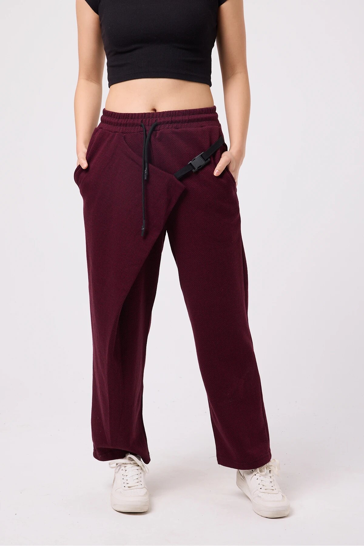 Baggy Street Style Belted Pants - Burgundy - Superbluemexico