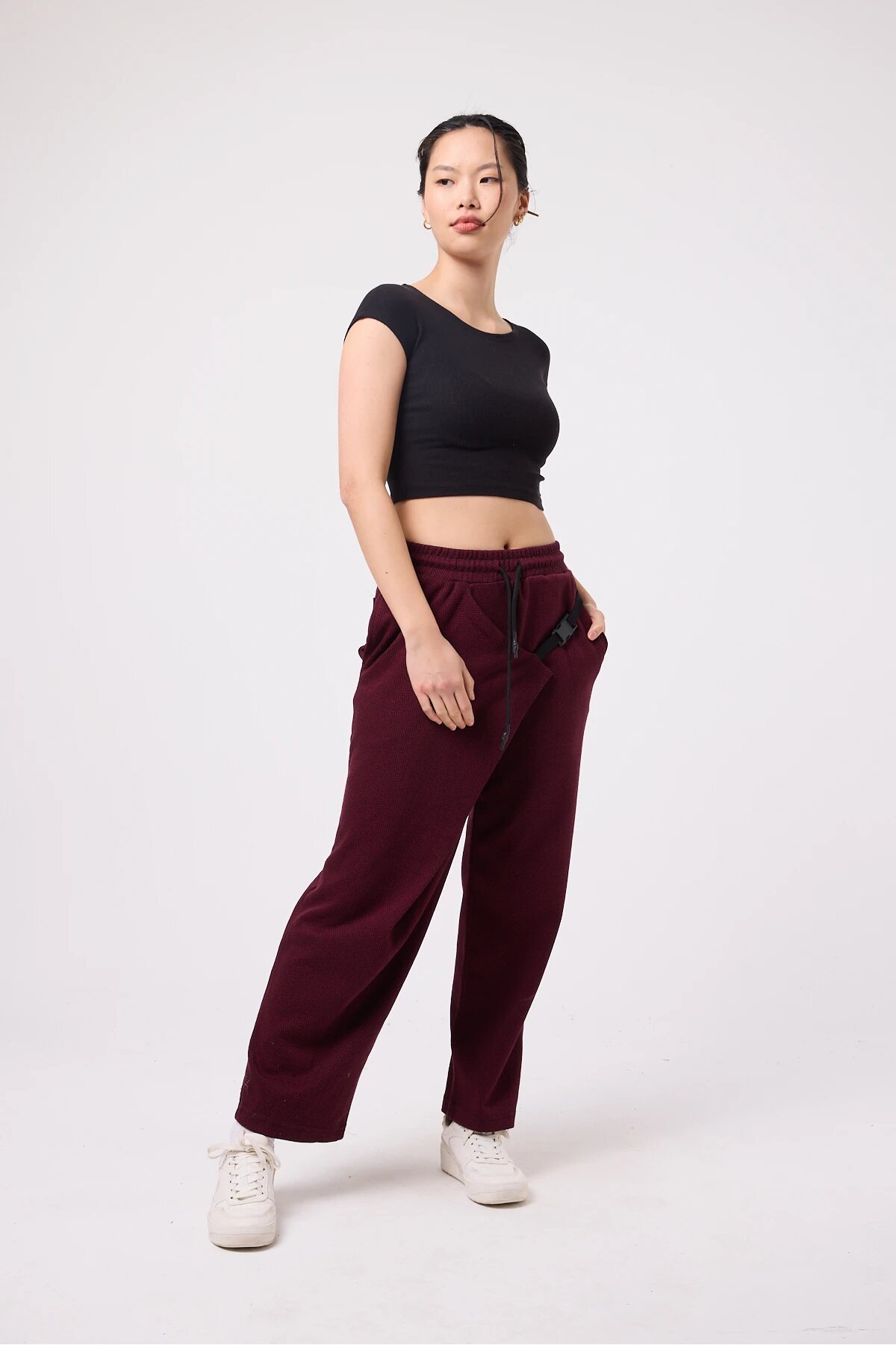 Baggy Street Style Belted Pants - Burgundy - Superbluemexico