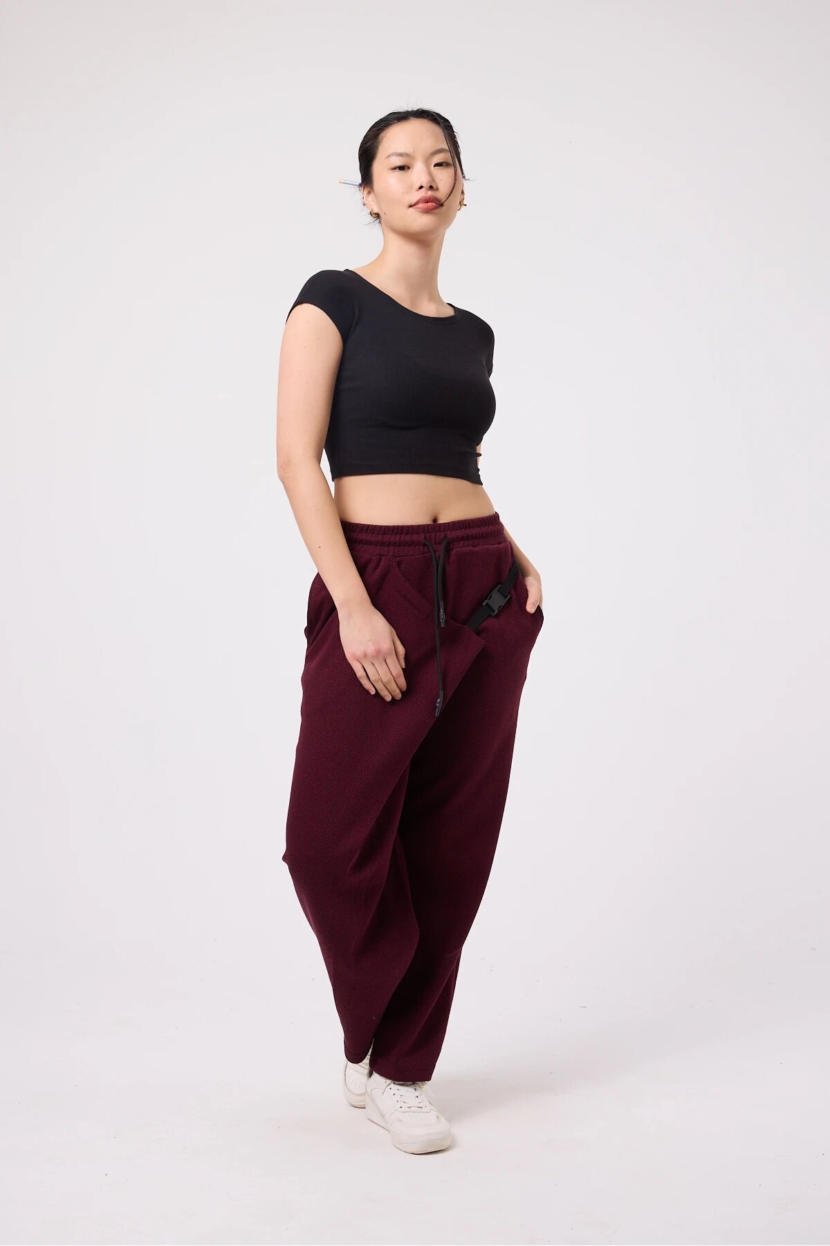 Baggy Street Style Belted Pants - Burgundy - Superbluemexico