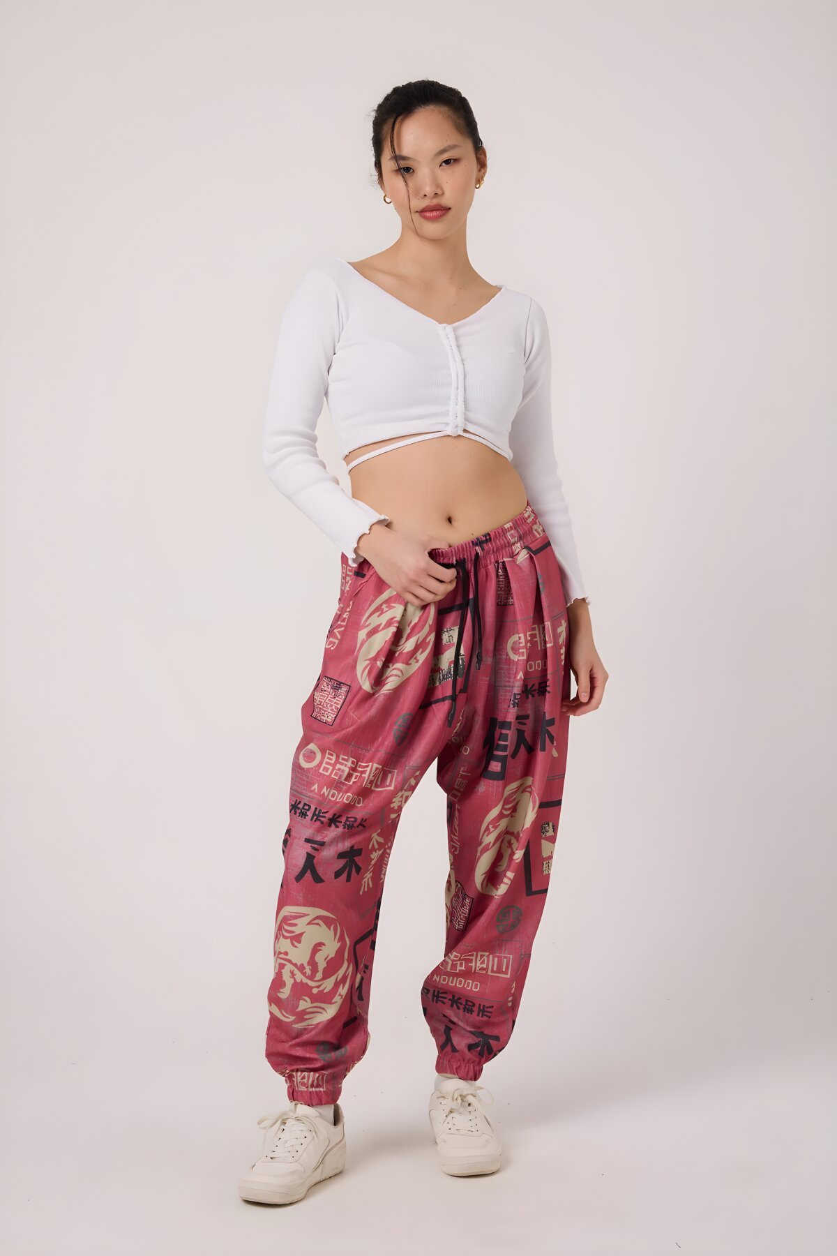 بنطلون شروال رياضي وردي مطبوع قماش مجعد - Superbluemexico