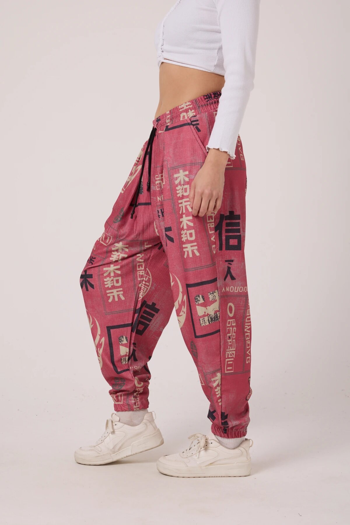 Sporty Printed Crinkle Harem Pants - Pink - Superbluemexico