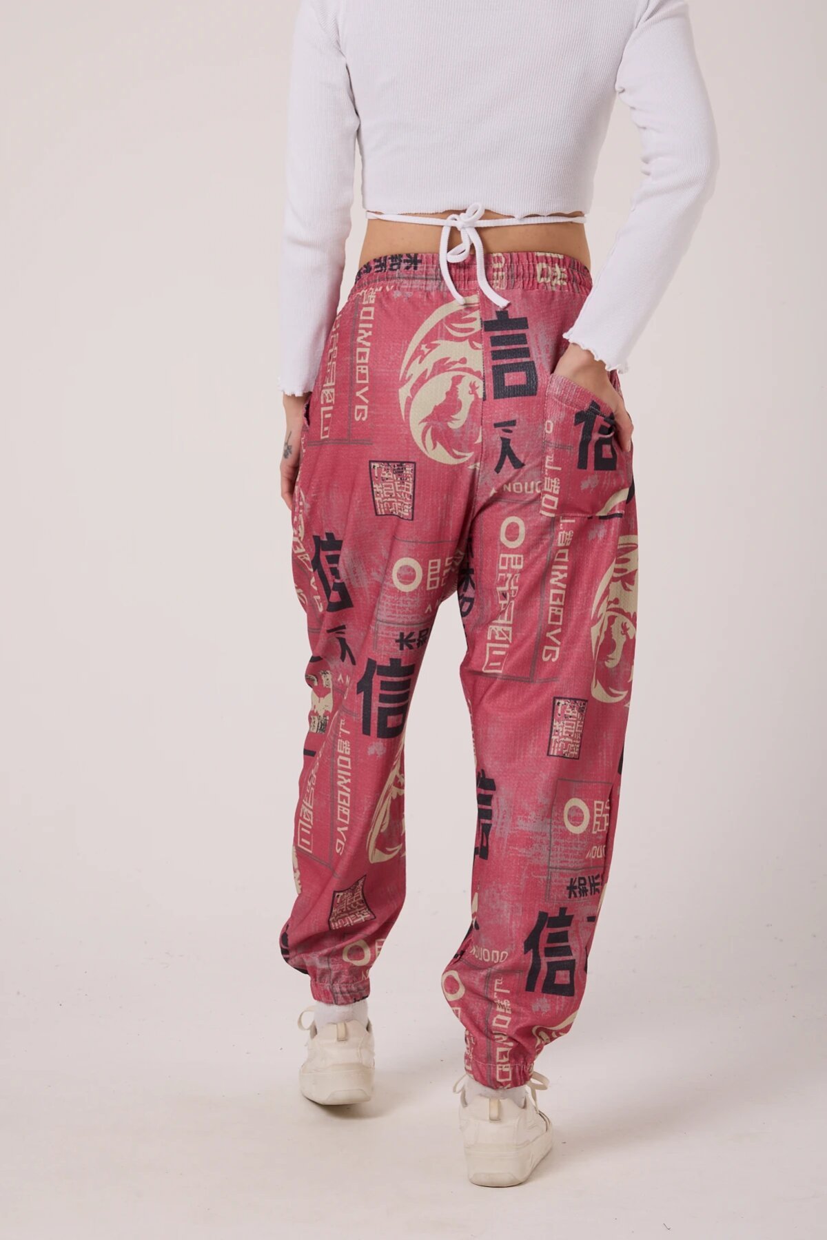 Sporty Printed Crinkle Harem Pants - Pink - Superbluemexico