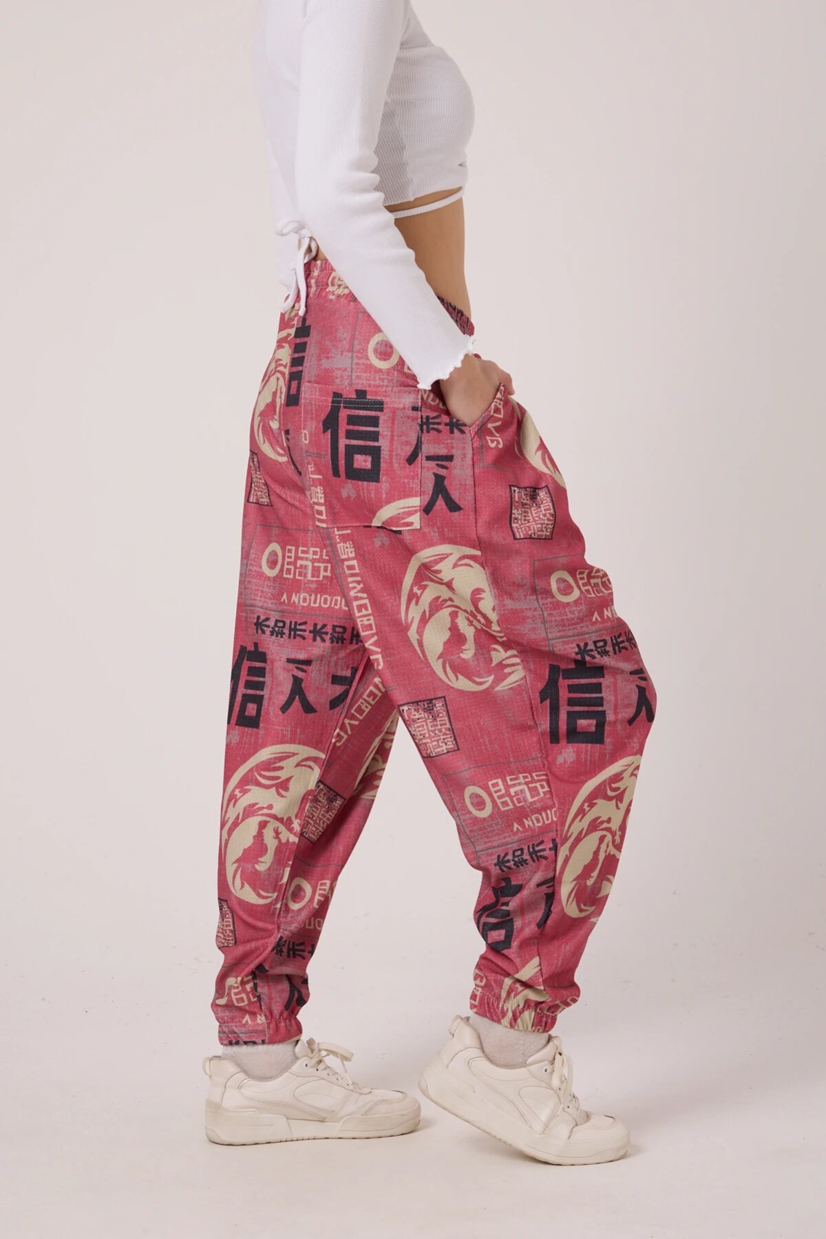 Sporty Printed Crinkle Harem Pants - Pink - Superbluemexico