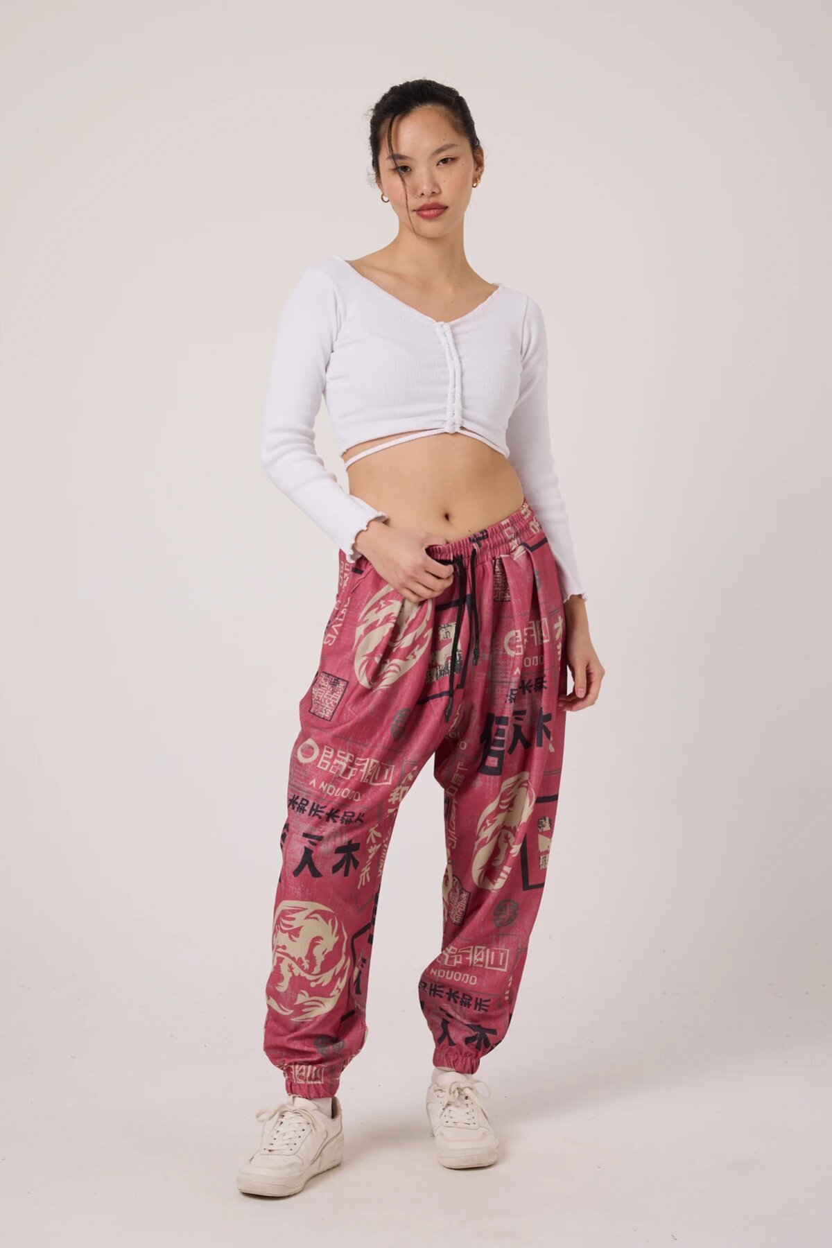 Sporty Printed Crinkle Harem Pants - Pink - Superbluemexico