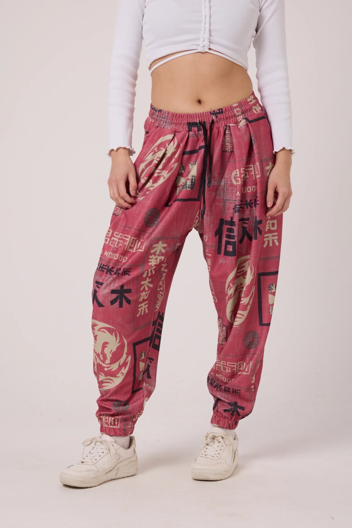 Sporty Printed Crinkle Harem Pants - Pink - Superbluemexico