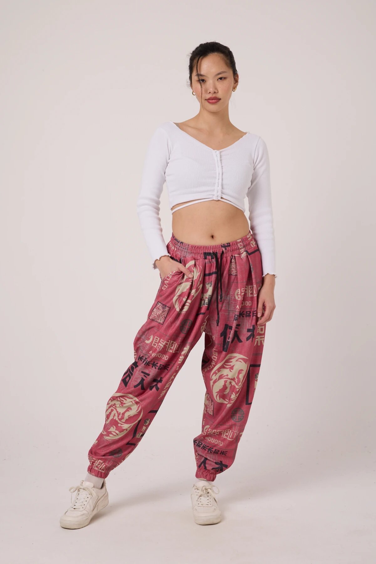 Sporty Printed Crinkle Harem Pants - Pink - Superbluemexico