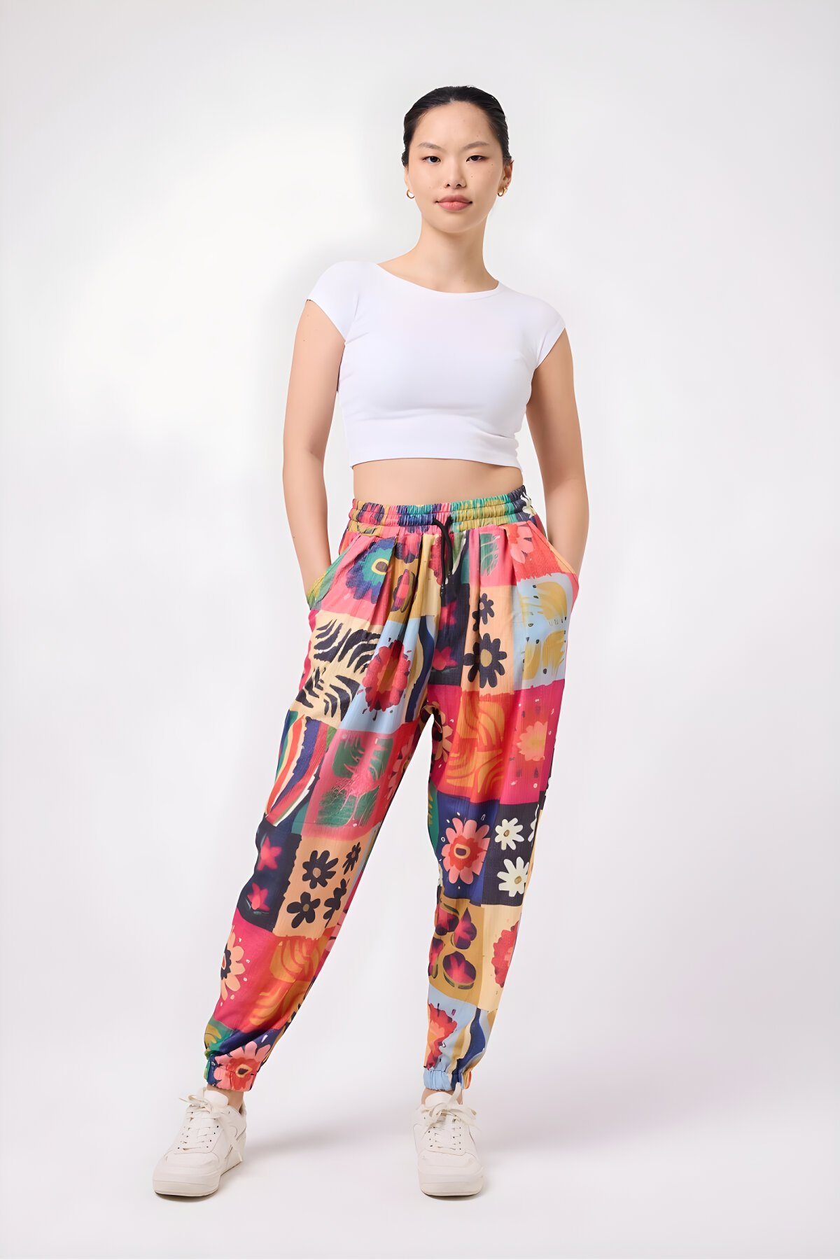 Sporty Baggy Printed Crinkle Pants - Multi-colored - Superbluemexico
