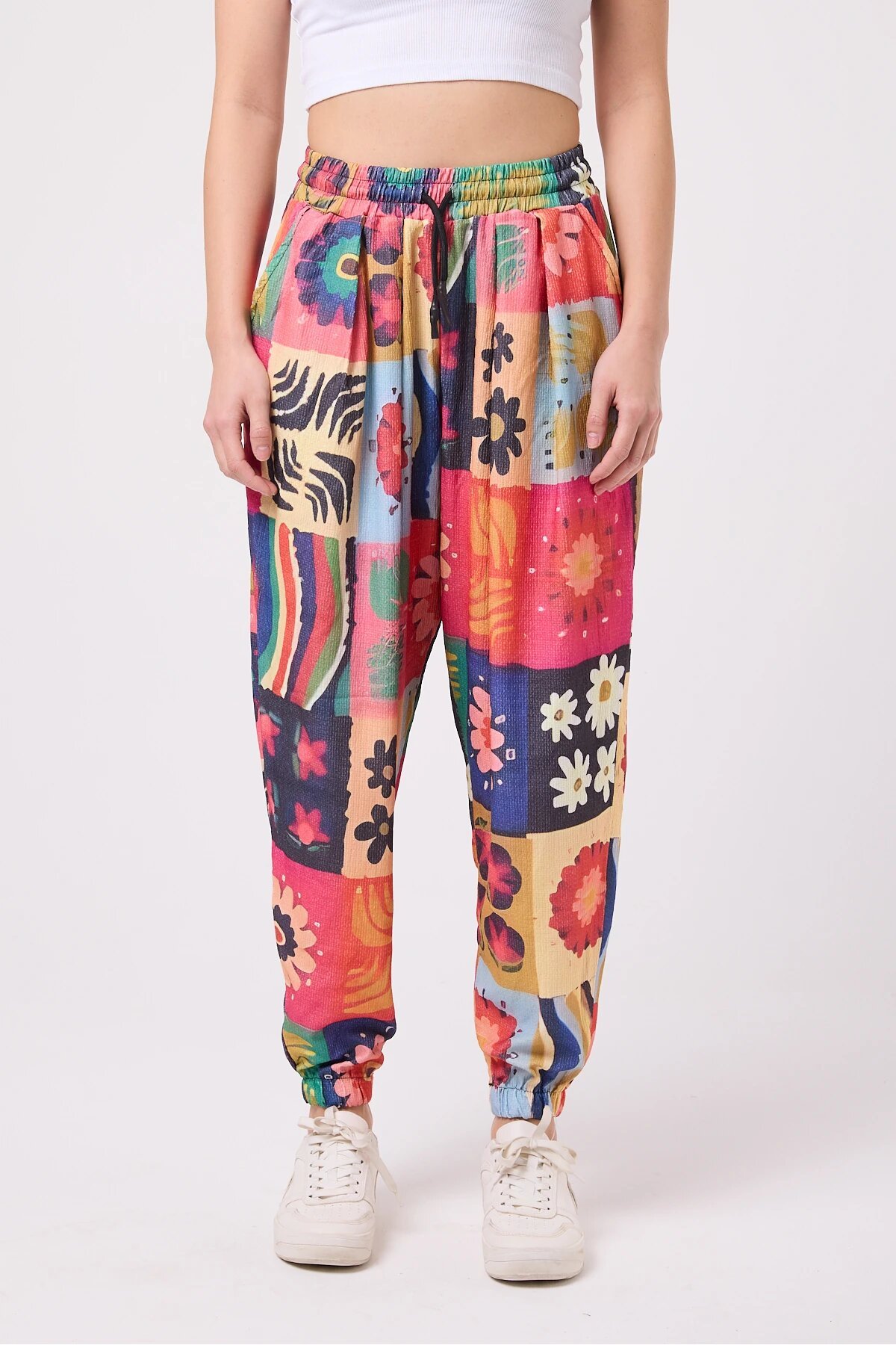 Sporty Baggy Printed Crinkle Pants - Multi-colored - Superbluemexico