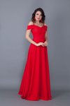 Kırmızı Uzun Kloş Askılı Düşük Omuz Detaylı Abiye Elbise