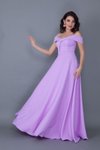Lila Uzun Kloş Askılı Düşük Omuz Detaylı Nişan Abiye Elbise