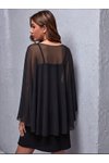 Siyah Geniş Kesim Tül Pelerinli Yarasa Kol Abiye Bluz