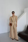 Half-Sleeve Belted Jumpsuit - Beige