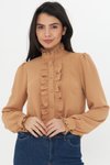 Kahverengi Uzun Kol Hakim Yaka Fırfır Detaylı Gömlek