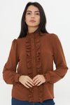 Kahverengi Uzun Kol Hakim Yaka Fırfır Detaylı Gömlek