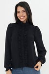 Siyah Hakim Yaka Uzun Kol Fırfır Detaylı Gömlek