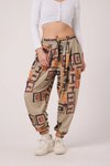Bej Baskılı Spor Şalvar Bürümcük Pantolon