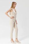 Bej Çizgili Bilek Boy Yüksek Bel Cep Detaylı Pantolon