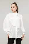 Beyaz Balon Kol Taşlı Fiyonklu Saten Gömlek