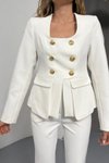 Beyaz Kare Yaka Gold Düğme Ceket
