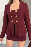 Bordo Kare Yaka Gold Düğmeli Ceket