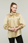 Gold Balon Kol Taşlı Fiyonk Detaylı Saten Gömlek