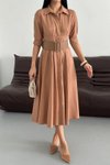 Kahverengi Midi Yarım Kol Kemerli Lucy Elbise