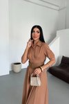 Kahverengi Midi Yarım Kol Kemerli Lucy Elbise
