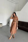 Kahverengi Midi Yarım Kol Kemerli Lucy Elbise