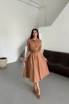 Kahverengi Midi Yarım Kol Kemerli Lucy Elbise