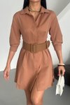 Kahverengi Mini Lucy Kemerli Yarım Kol Elbise