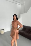 Kahverengi Mini Lucy Kemerli Yarım Kol Elbise
