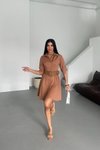 Kahverengi Mini Lucy Kemerli Yarım Kol Elbise