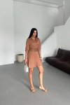 Kahverengi Mini Lucy Kemerli Yarım Kol Elbise