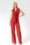 Striped Fabric Belted Jumpsuit - Red