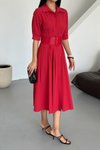 Kırmızı Midi Yarım Kol Kemerli Lucy Elbise