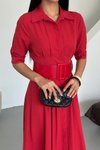 Kırmızı Midi Yarım Kol Kemerli Lucy Elbise