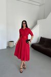 Kırmızı Midi Yarım Kol Kemerli Lucy Elbise